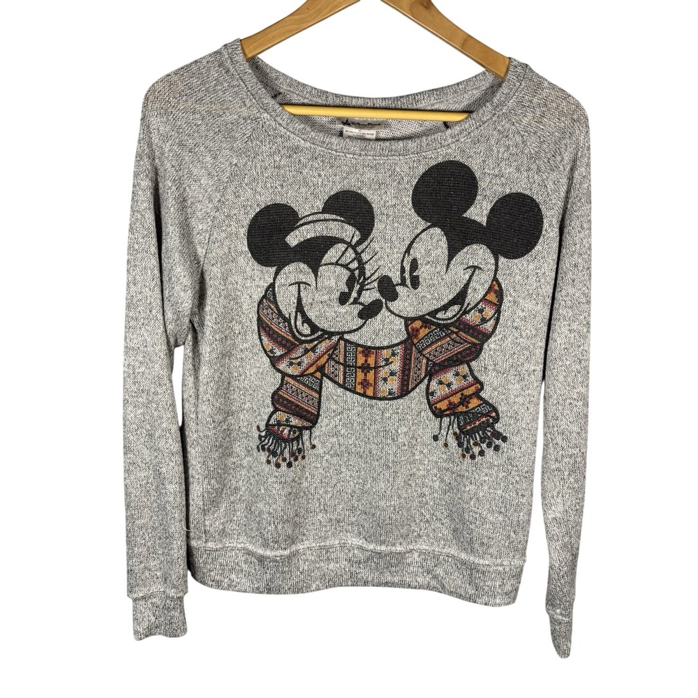 Disney‎ Parks Mickey and Minnie Winter Scarf Gray Sweater Scoop Neck Medium